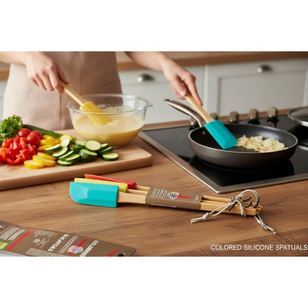 Cook's Corner Silicone Spatula Set OS Multicolor Brand New Wood Handle 4pc